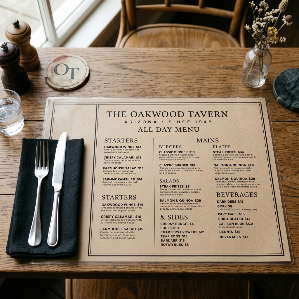 Amerikan servis placemat menü tasarımı