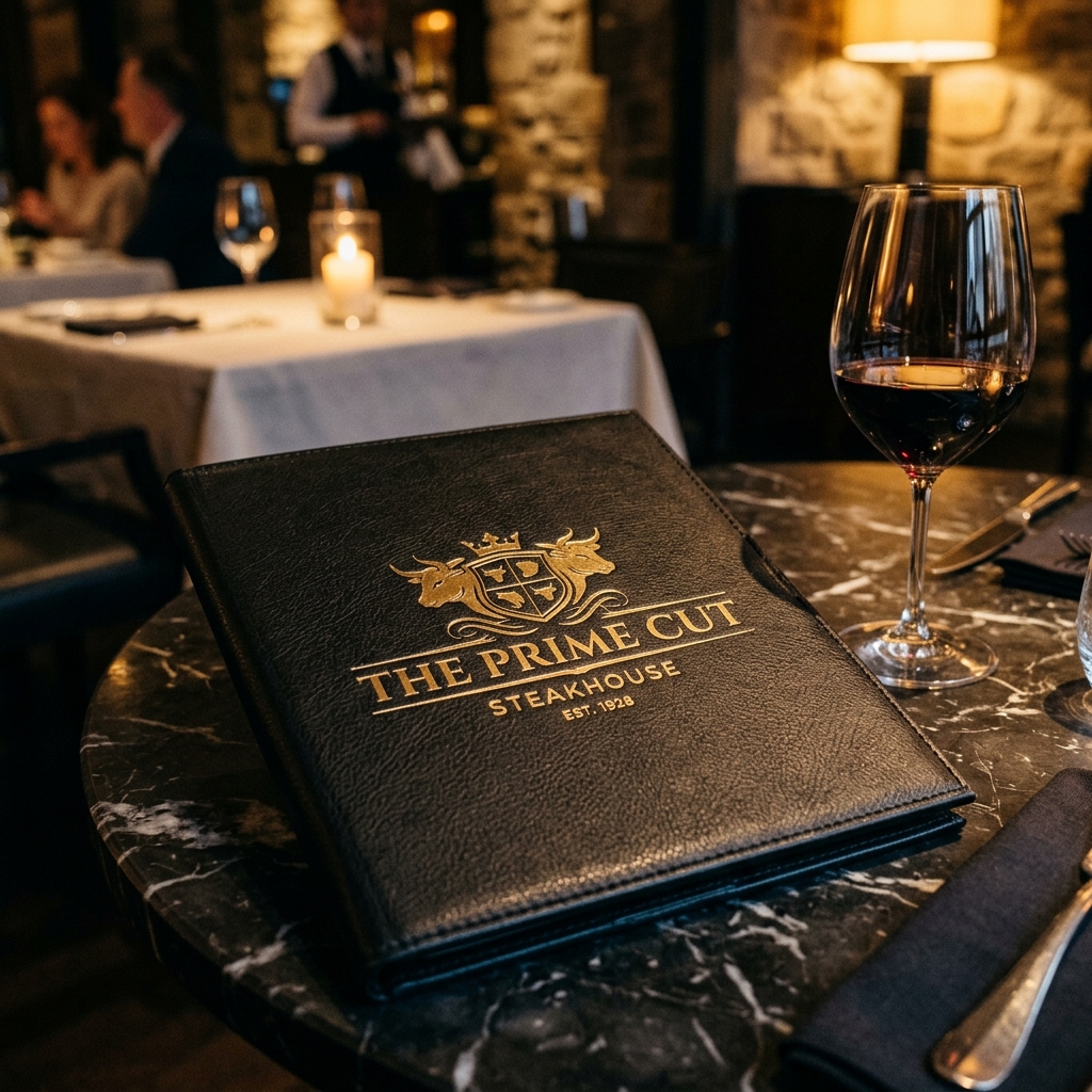 Steakhouse restoran menü tasarımı - premium deri kapak